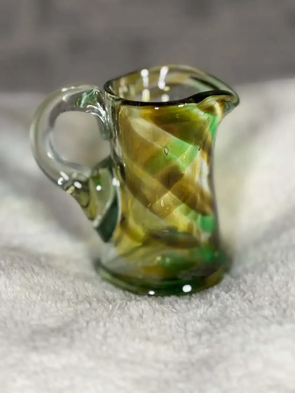 Vintage Hand-Blown Green and Yellow Swirl Art Glass Small Pitcher